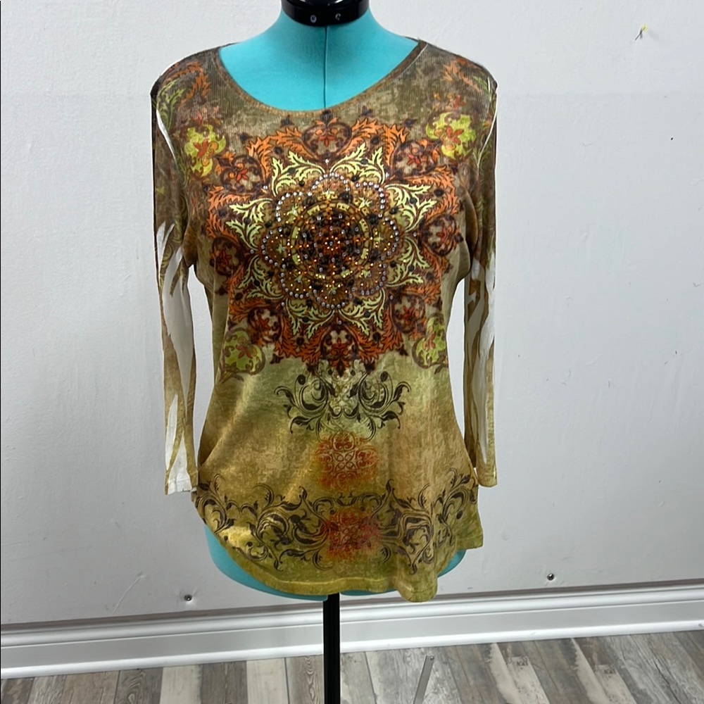 Reba Yellow Cream Graphic 3/4 Sleeve Blouse